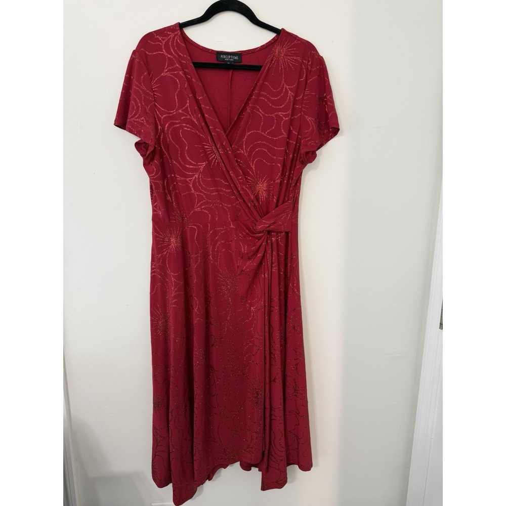 Perceptions Red Glitter Dress Womens XL Short Sleeve Side Knot Holiday Retro